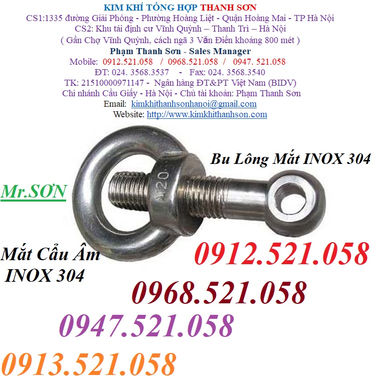 Bu lông mắt 304 Inox Thanh Sơn 0913.521.058 phân phối mắt cẩu dương âm Inox 304, Bulong mắt M6-8-10-12-14-16-18-20 | BigBuy360 - bigbuy360.vn