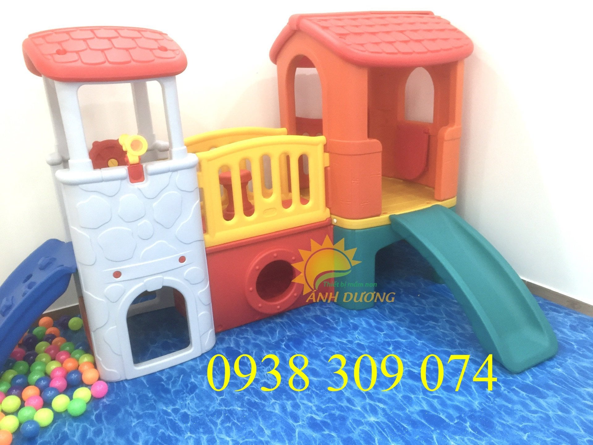 Bộ nhà chơi liên hoàn cầu trượt 2 khối đẹp, an toàn, giá tốt